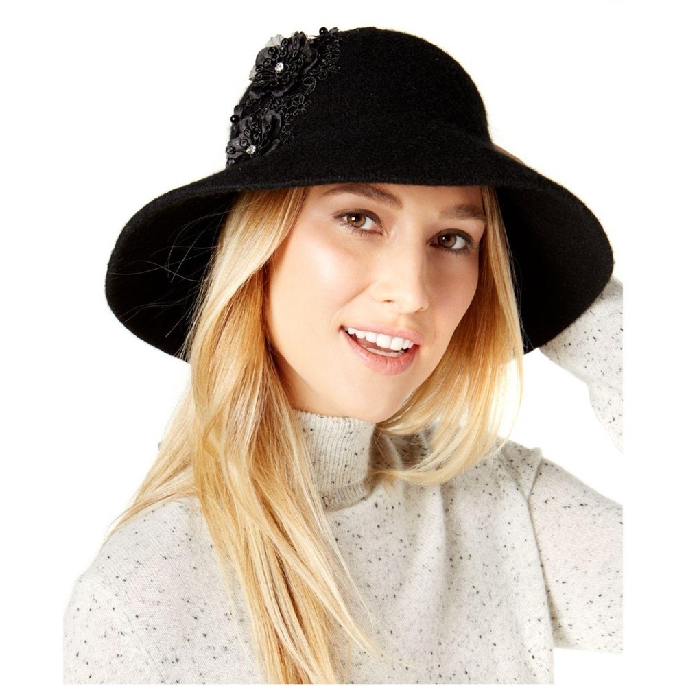 August Silk Black Hat with Floral Accent